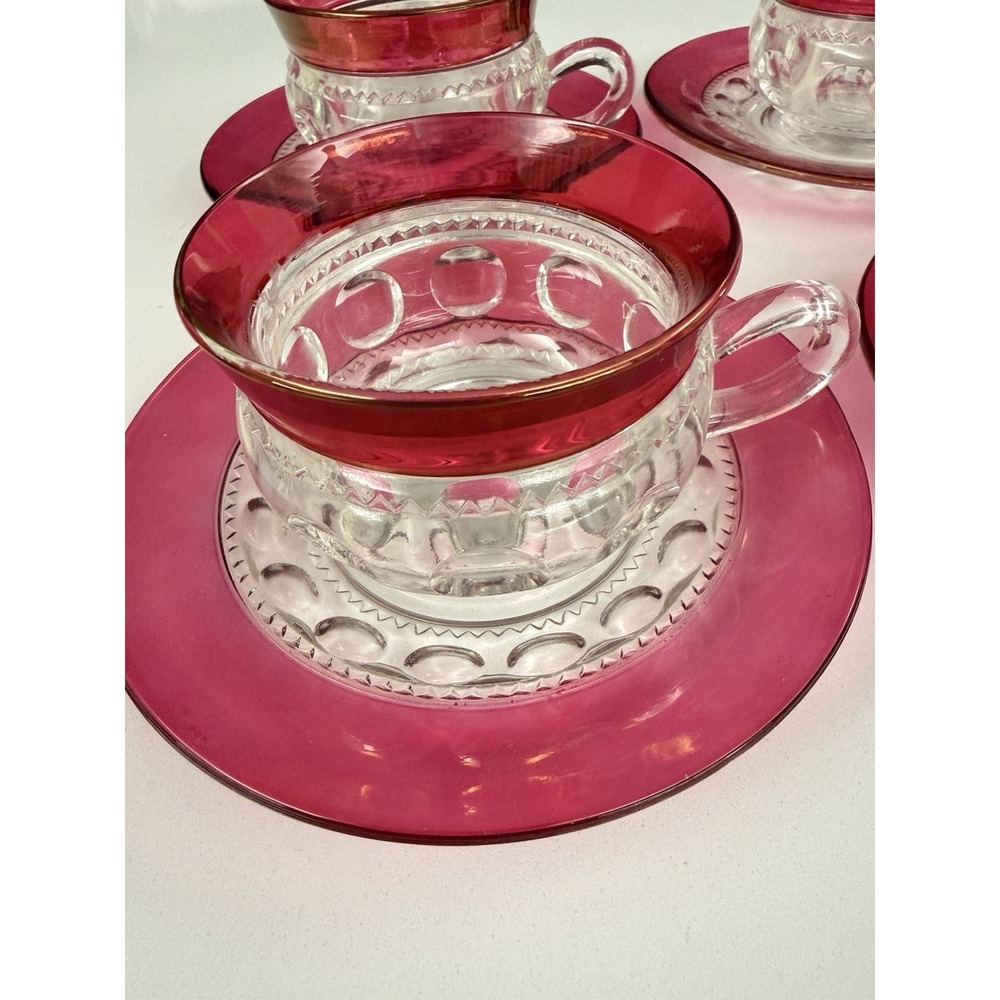 Indiana Glass Kings Crown Cranberry Thumbprint 8 pcs. Tea cups Saucers (4 Sets) - Picture 4 of 7